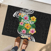Hawaii Aloha Tropical Leaves and Flower Rubber Doormat with Polynesian Art Tattoo Black Color LT03 - Polynesian Pride