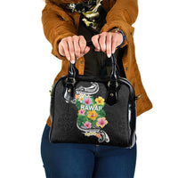 Hawaii Aloha Tropical Leaves and Flower Shoulder Handbag with Polynesian Art Tattoo Black Color - Polynesian Pride