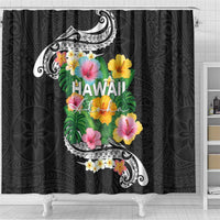 Hawaii Aloha Tropical Leaves and Flower Shower Curtain with Polynesian Art Tattoo Black Color - Polynesian Pride