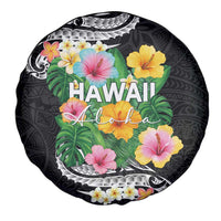 Hawaii Aloha Tropical Leaves and Flower Spare Tire Cover with Polynesian Art Tattoo Black Color - Polynesian Pride
