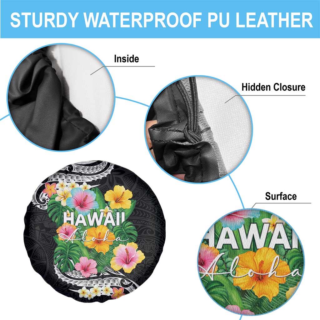 Hawaii Aloha Tropical Leaves and Flower Spare Tire Cover with Polynesian Art Tattoo Black Color - Polynesian Pride