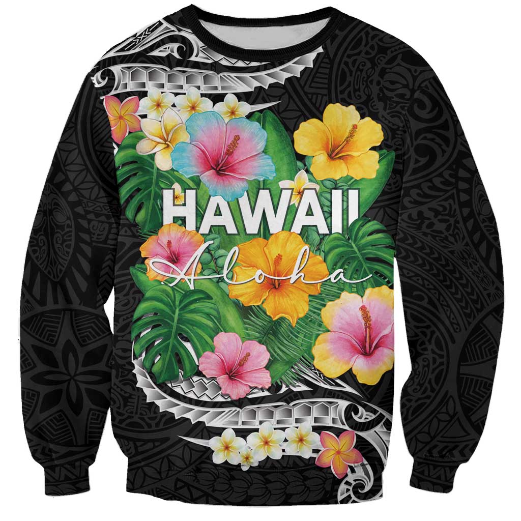 Hawaii Aloha Tropical Leaves and Flower Sweatshirt with Polynesian Art Tattoo Black Color LT03 Unisex Black - Polynesian Pride