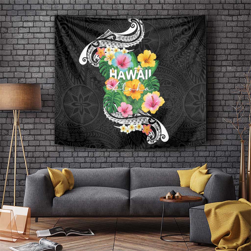 Hawaii Aloha Tropical Leaves and Flower Tapestry with Polynesian Art Tattoo Black Color - Polynesian Pride