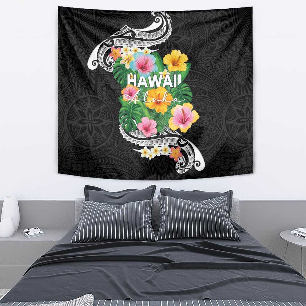 Hawaii Aloha Tropical Leaves and Flower Tapestry with Polynesian Art Tattoo Black Color - Polynesian Pride