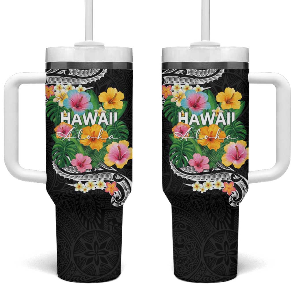 Hawaii Aloha Tropical Leaves and Flower Tumbler With Handle with Polynesian Art Tattoo Black Color - Polynesian Pride