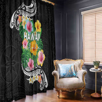 Hawaii Aloha Tropical Leaves and Flower Window Curtain with Polynesian Art Tattoo Black Color - Polynesian Pride