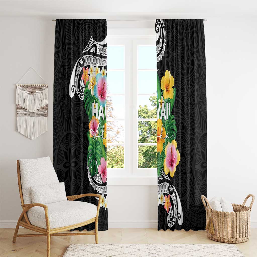 Hawaii Aloha Tropical Leaves and Flower Window Curtain with Polynesian Art Tattoo Black Color - Polynesian Pride