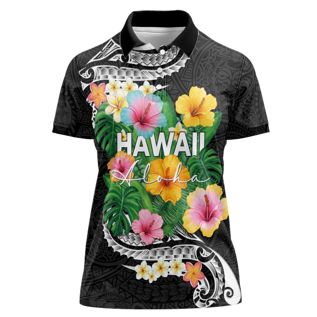Hawaii Aloha Tropical Leaves and Flower Women Polo Shirt with Polynesian Art Tattoo Black Color - Polynesian Pride