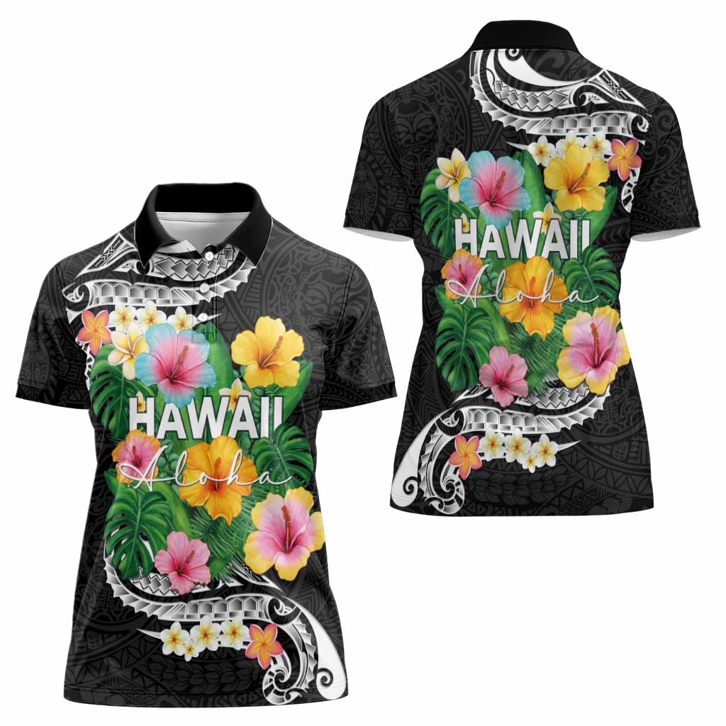 Hawaii Aloha Tropical Leaves and Flower Women Polo Shirt with Polynesian Art Tattoo Black Color - Polynesian Pride