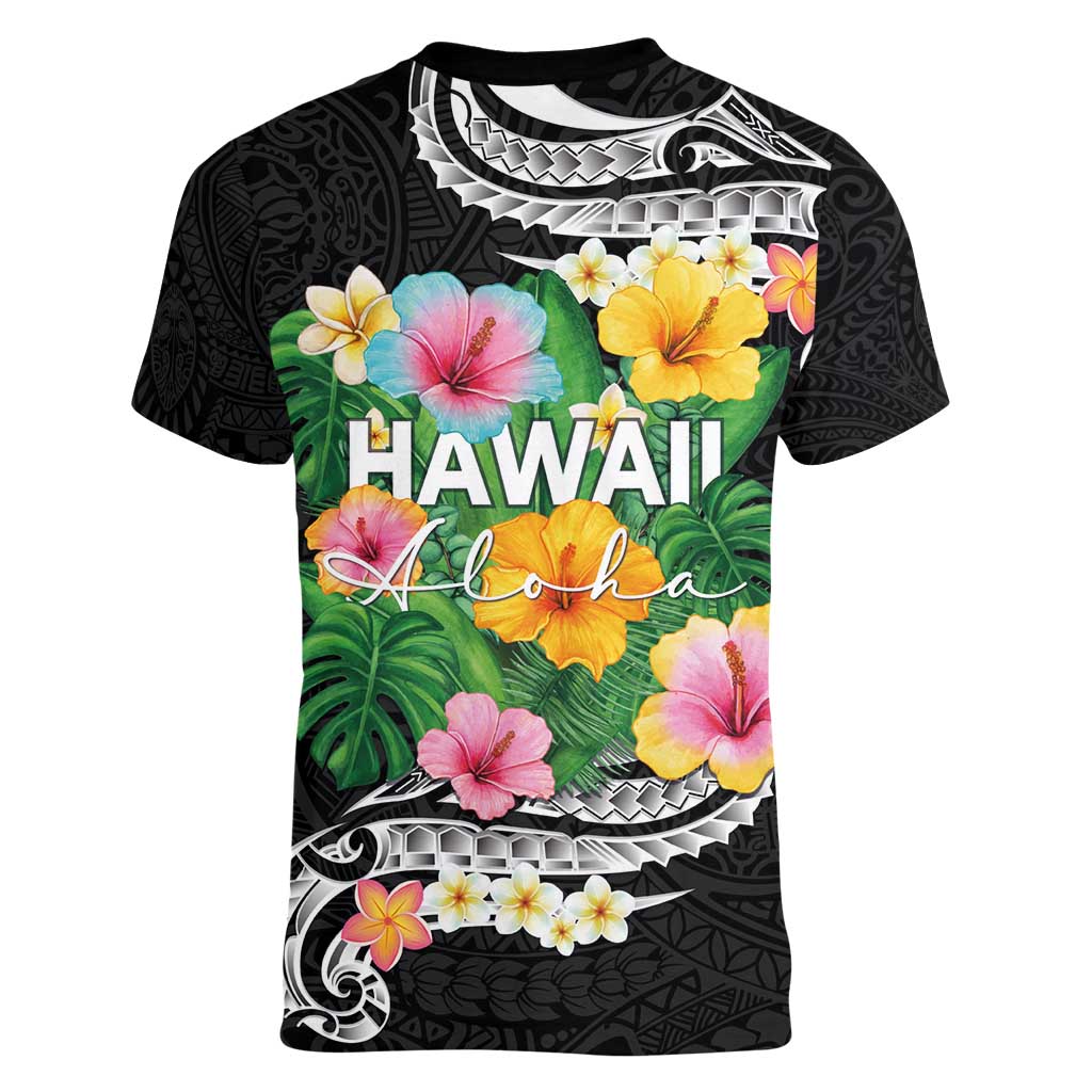 Hawaii Aloha Tropical Leaves and Flower Women V-Neck T-Shirt with Polynesian Art Tattoo Black Color - Polynesian Pride
