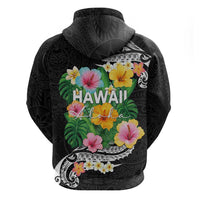 Hawaii Aloha Tropical Leaves and Flower Zip Hoodie with Polynesian Art Tattoo Black Color - Polynesian Pride