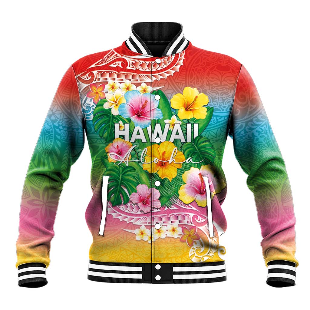 Hawaii Aloha Tropical Leaves and Flower Baseball Jacket with Polynesian Art Tattoo Rainbow Color LT03 Unisex Rainbow - Polynesian Pride