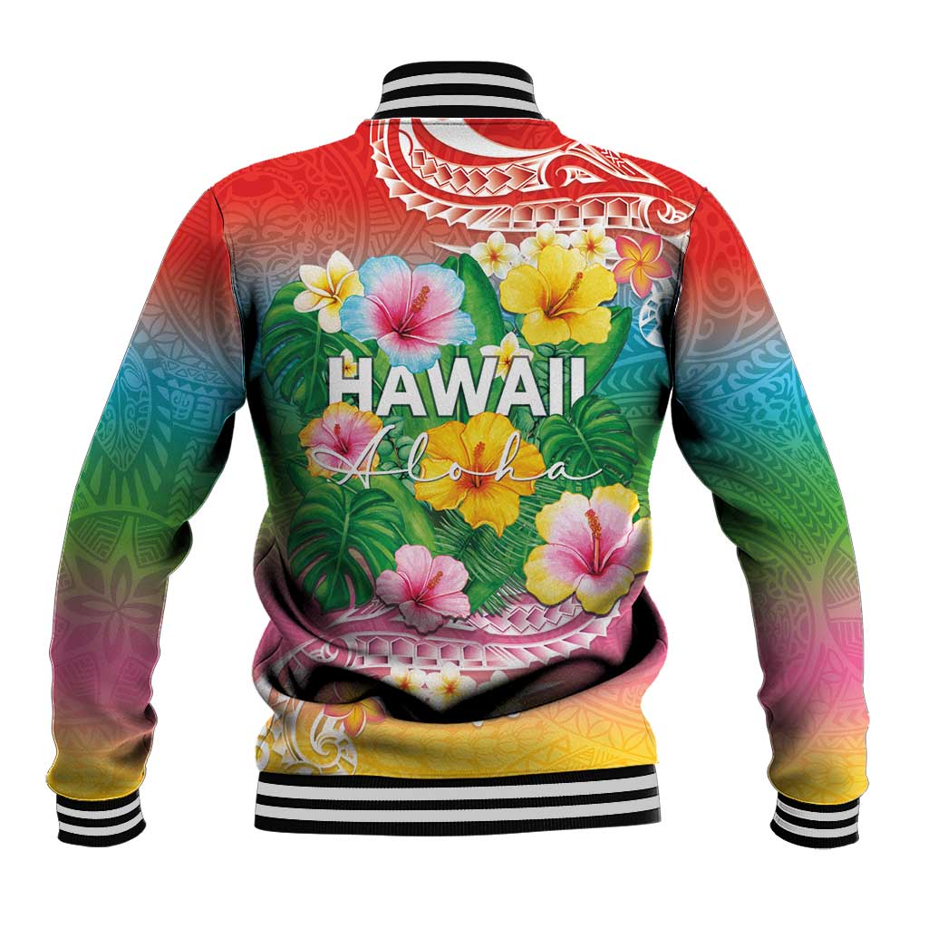 Hawaii Aloha Tropical Leaves and Flower Baseball Jacket with Polynesian Art Tattoo Rainbow Color LT03 - Polynesian Pride