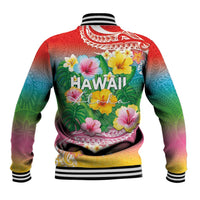 Hawaii Aloha Tropical Leaves and Flower Baseball Jacket with Polynesian Art Tattoo Rainbow Color LT03 - Polynesian Pride