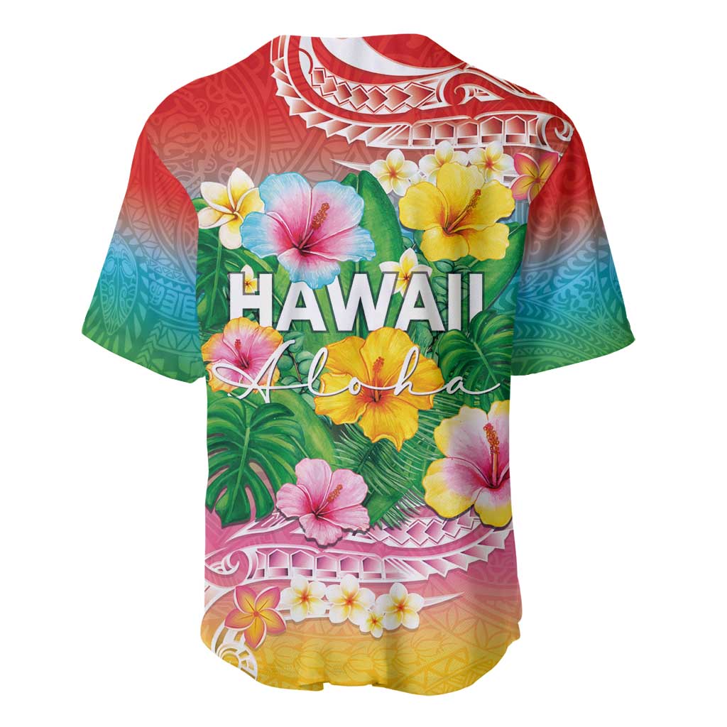 Hawaii Aloha Tropical Leaves and Flower Baseball Jersey with Polynesian Art Tattoo Rainbow Color - Polynesian Pride