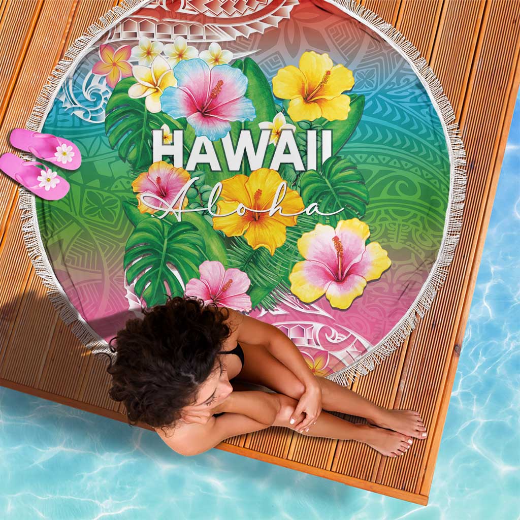 Hawaii Aloha Tropical Leaves and Flower Beach Blanket with Polynesian Art Tattoo Rainbow Color LT03 - Polynesian Pride