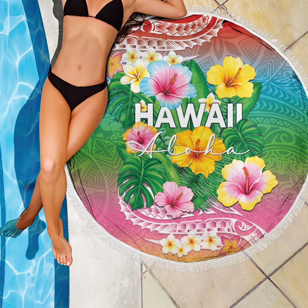 Hawaii Aloha Tropical Leaves and Flower Beach Blanket with Polynesian Art Tattoo Rainbow Color LT03 - Polynesian Pride