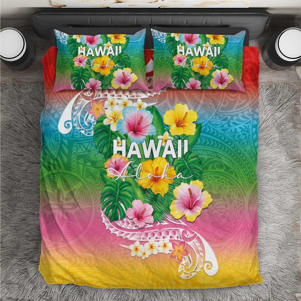 Hawaii Aloha Tropical Leaves and Flower Bedding Set with Polynesian Art Tattoo Rainbow Color - Polynesian Pride