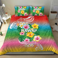 Hawaii Aloha Tropical Leaves and Flower Bedding Set with Polynesian Art Tattoo Rainbow Color - Polynesian Pride