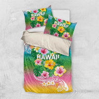 Hawaii Aloha Tropical Leaves and Flower Bedding Set with Polynesian Art Tattoo Rainbow Color - Polynesian Pride