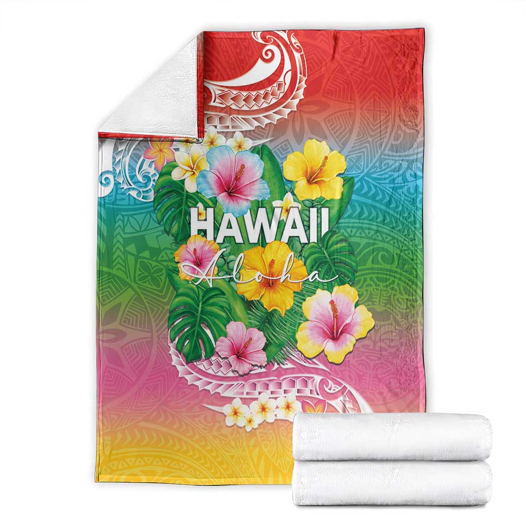 Hawaii Aloha Tropical Leaves and Flower Blanket with Polynesian Art Tattoo Rainbow Color - Polynesian Pride