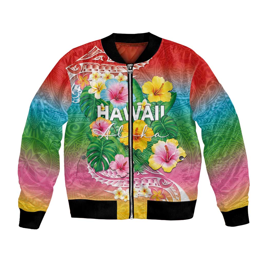 Hawaii Aloha Tropical Leaves and Flower Bomber Jacket with Polynesian Art Tattoo Rainbow Color - Polynesian Pride