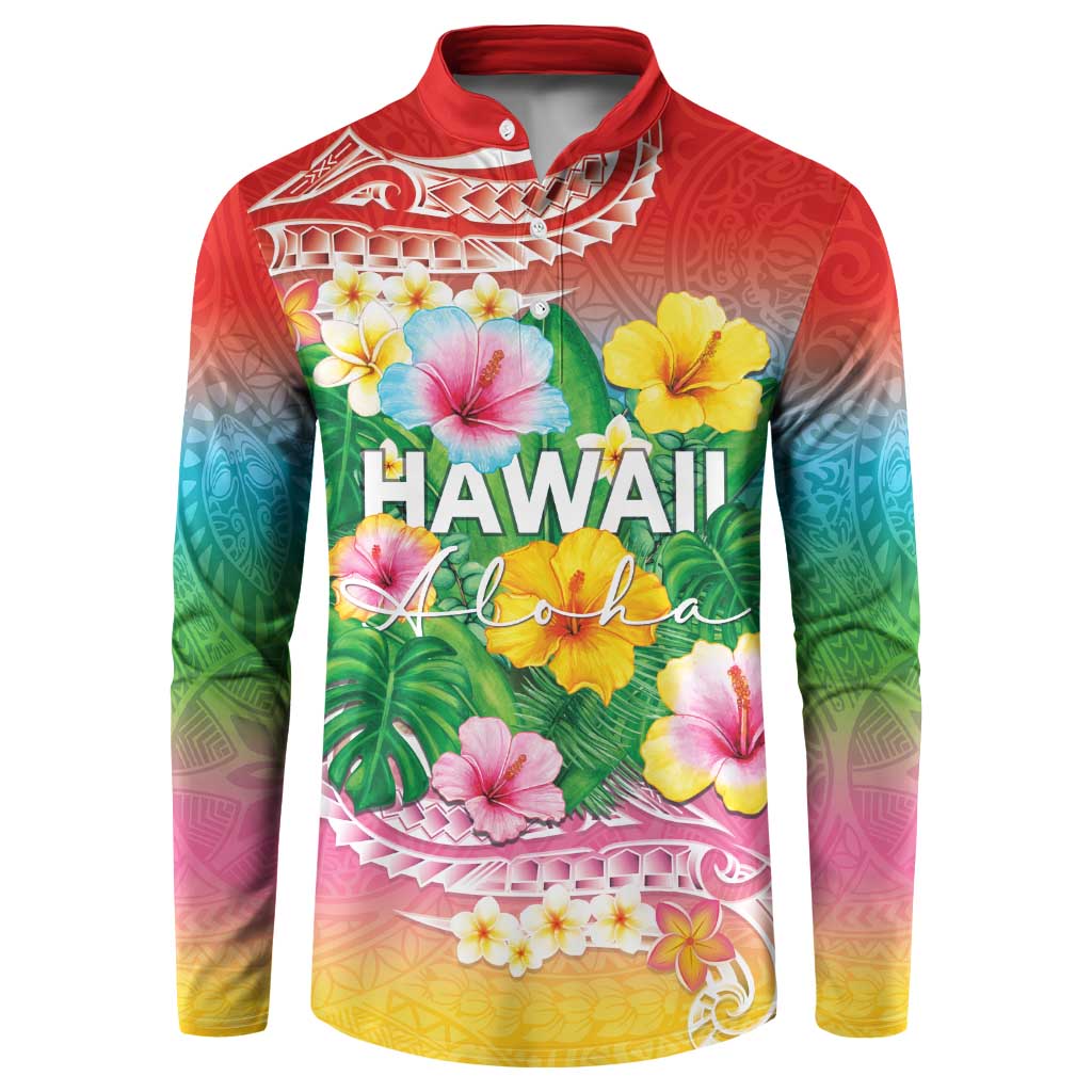 Hawaii Aloha Tropical Leaves and Flower Button Sweatshirt with Polynesian Art Tattoo Rainbow Color LT03 Rainbow - Polynesian Pride
