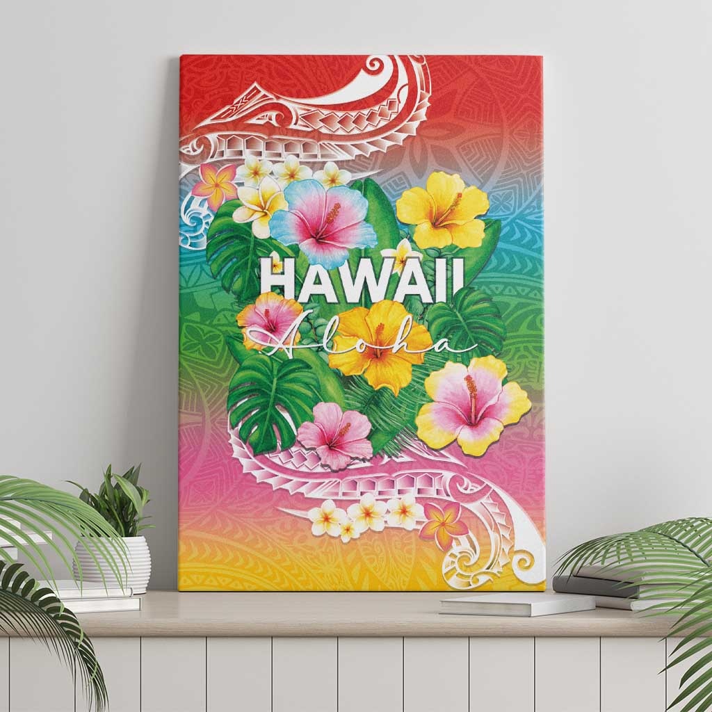 Hawaii Aloha Tropical Leaves and Flower Canvas Wall Art with Polynesian Art Tattoo Rainbow Color LT03 - Polynesian Pride