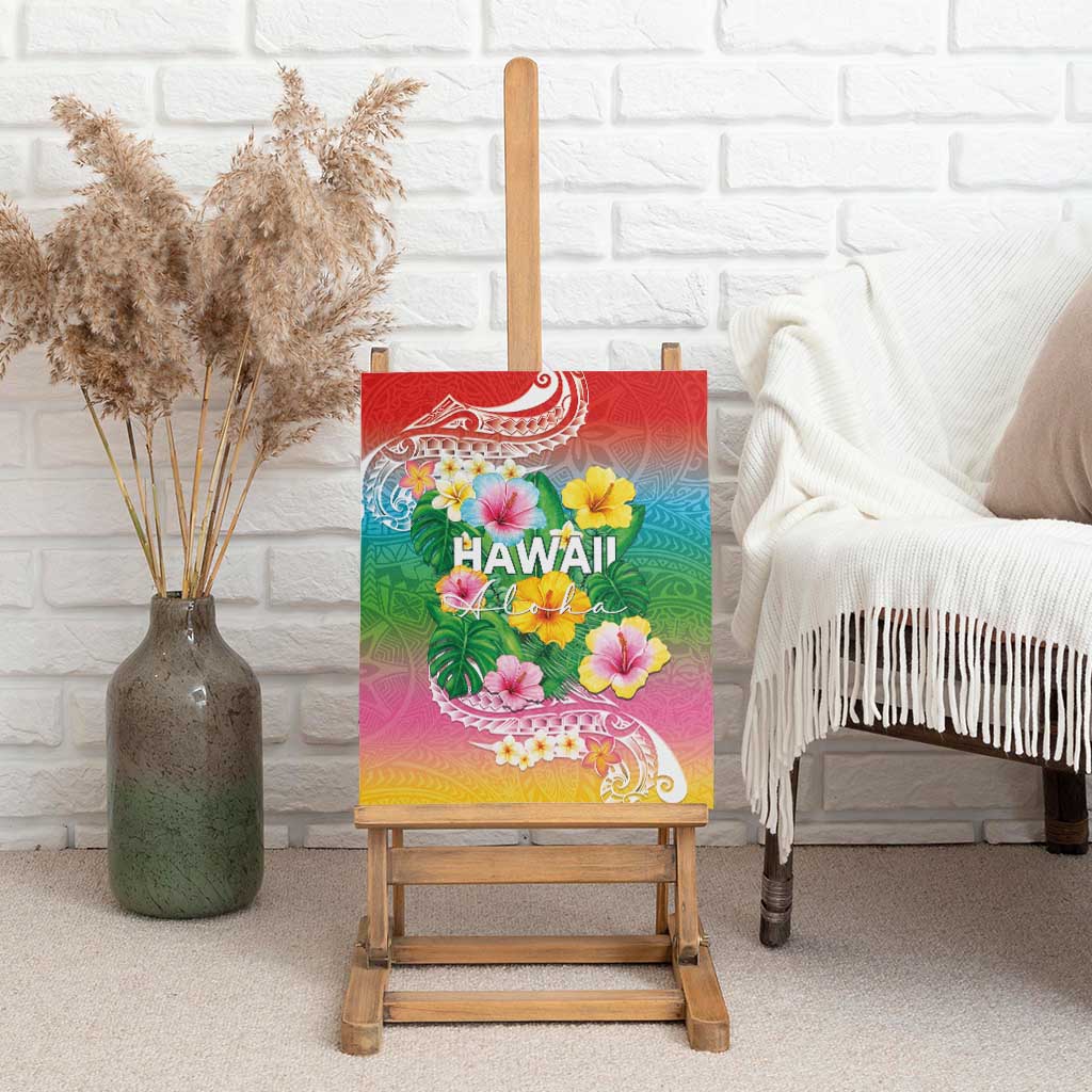 Hawaii Aloha Tropical Leaves and Flower Canvas Wall Art with Polynesian Art Tattoo Rainbow Color LT03 - Polynesian Pride