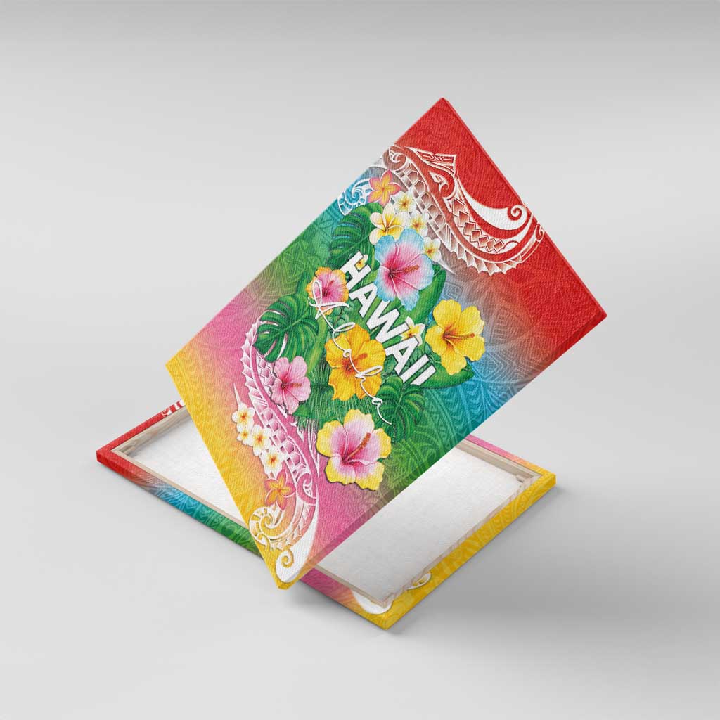 Hawaii Aloha Tropical Leaves and Flower Canvas Wall Art with Polynesian Art Tattoo Rainbow Color LT03 With Frame Rainbow - Polynesian Pride