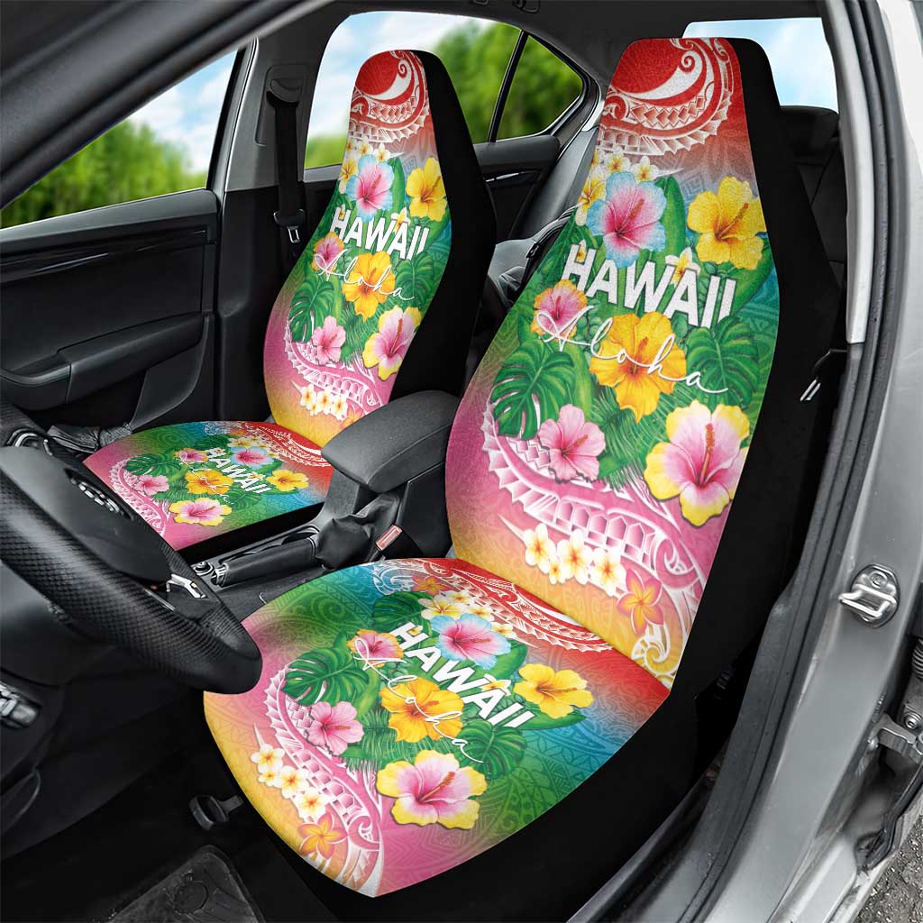 Hawaii Aloha Tropical Leaves and Flower Car Seat Cover with Polynesian Art Tattoo Rainbow Color - Polynesian Pride