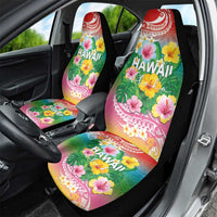Hawaii Aloha Tropical Leaves and Flower Car Seat Cover with Polynesian Art Tattoo Rainbow Color - Polynesian Pride