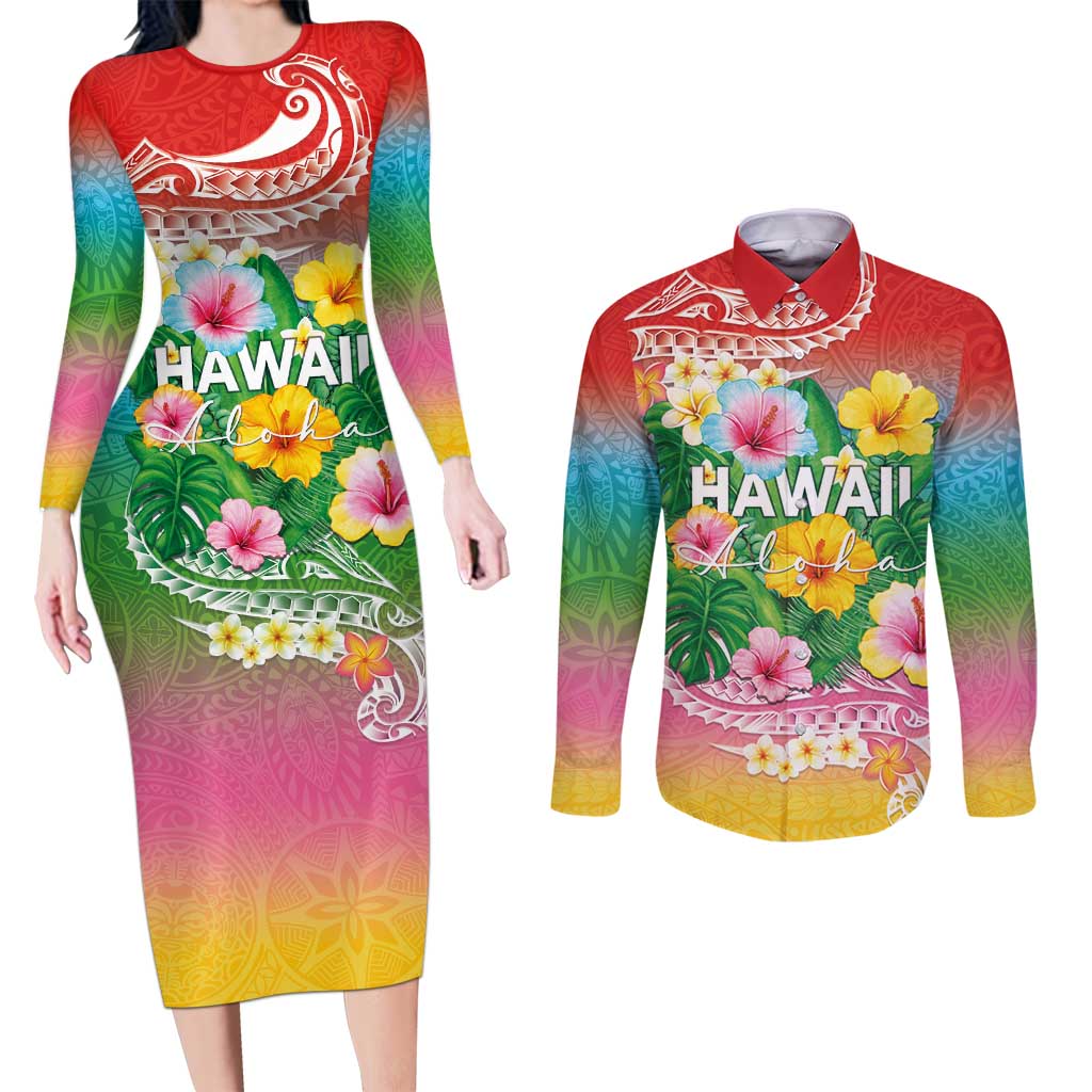 Hawaii Aloha Tropical Leaves and Flower Couples Matching Long Sleeve Bodycon Dress and Long Sleeve Button Shirt with Polynesian Art Tattoo Rainbow Color LT03 Rainbow - Polynesian Pride