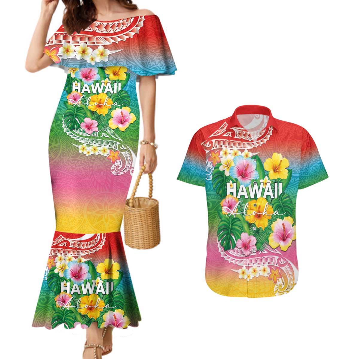 Hawaii Aloha Tropical Leaves and Flower Couples Matching Mermaid Dress and Hawaiian Shirt with Polynesian Art Tattoo Rainbow Color LT03 Rainbow - Polynesian Pride