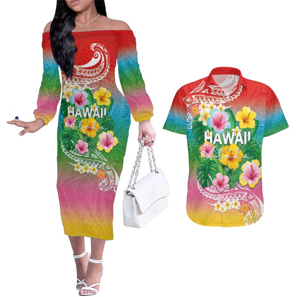 Hawaii Aloha Tropical Leaves and Flower Couples Matching Off The Shoulder Long Sleeve Dress and Hawaiian Shirt with Polynesian Art Tattoo Rainbow Color LT03 Rainbow - Polynesian Pride
