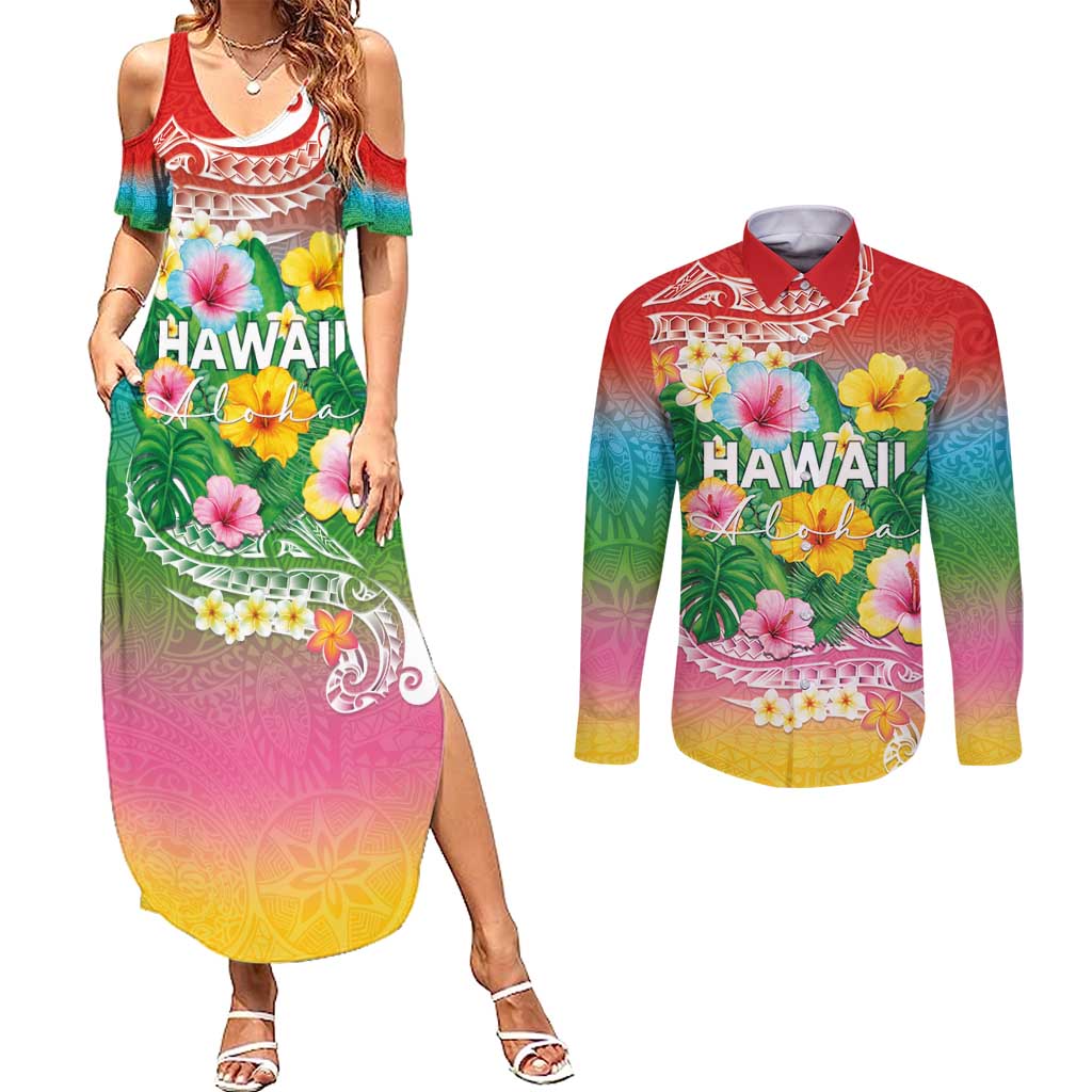 Hawaii Aloha Tropical Leaves and Flower Couples Matching Summer Maxi Dress and Long Sleeve Button Shirt with Polynesian Art Tattoo Rainbow Color LT03 Rainbow - Polynesian Pride