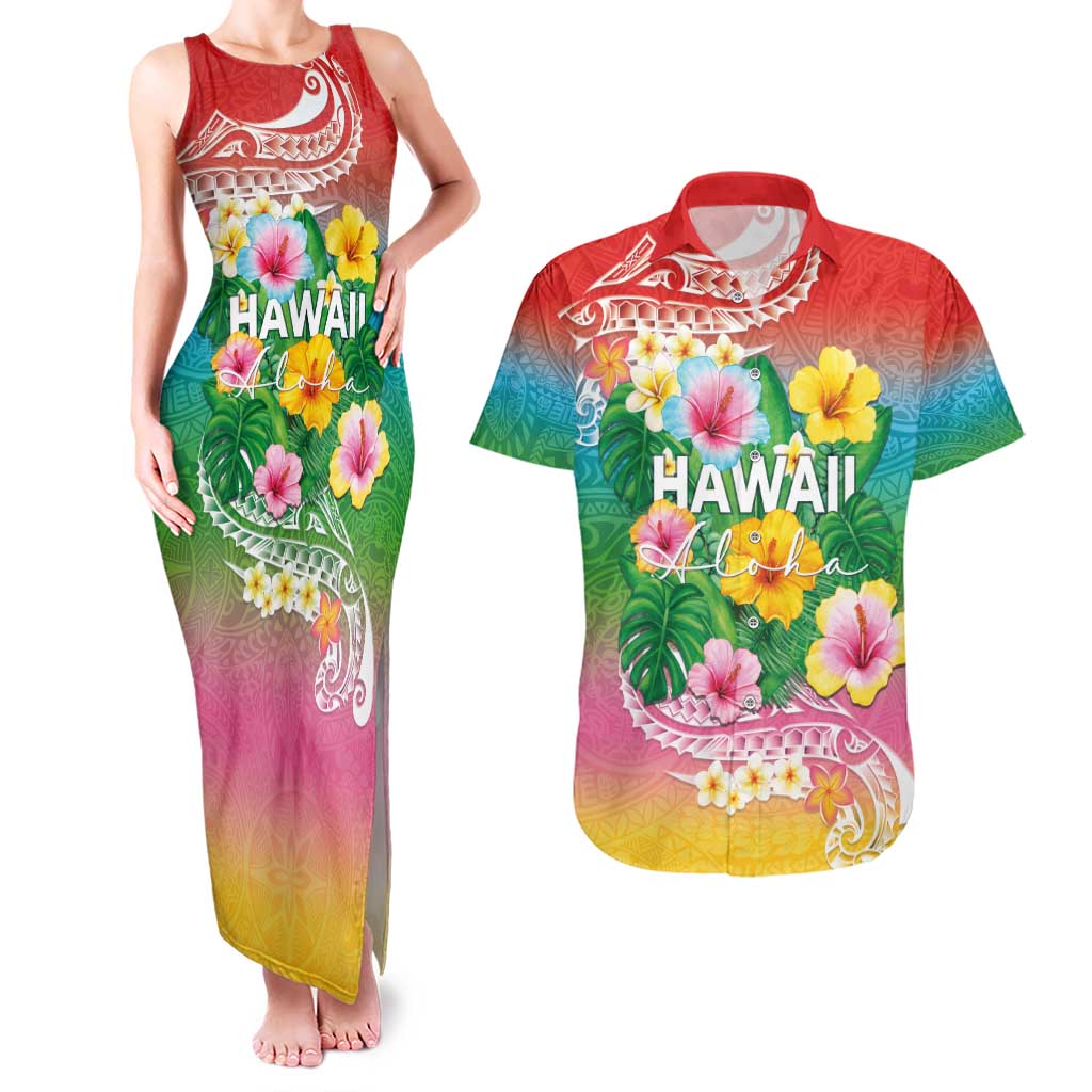 Hawaii Aloha Tropical Leaves and Flower Couples Matching Tank Maxi Dress and Hawaiian Shirt with Polynesian Art Tattoo Rainbow Color LT03 Rainbow - Polynesian Pride