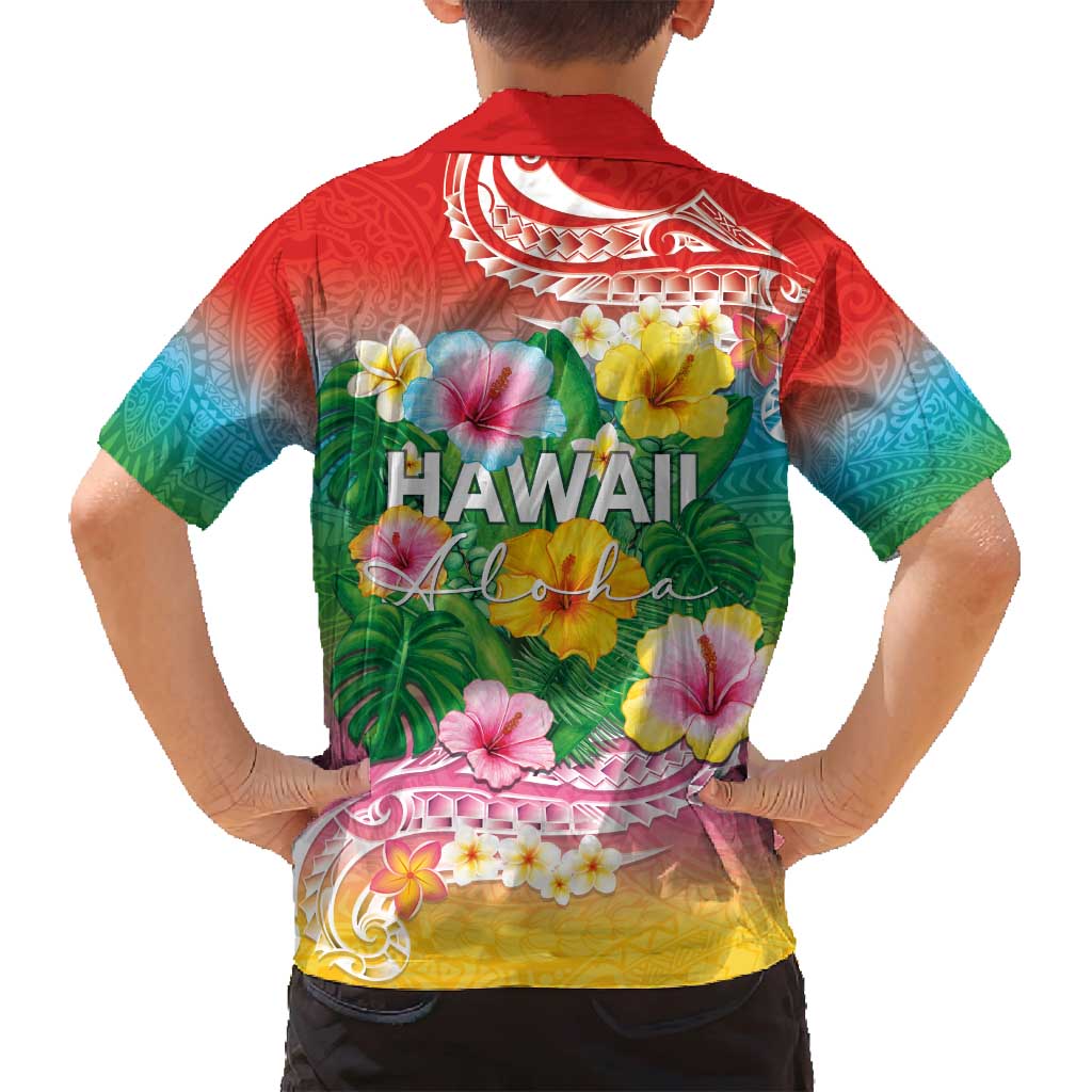 Hawaii Aloha Tropical Leaves and Flower Family Matching Long Sleeve Bodycon Dress and Hawaiian Shirt with Polynesian Art Tattoo Rainbow Color - Polynesian Pride