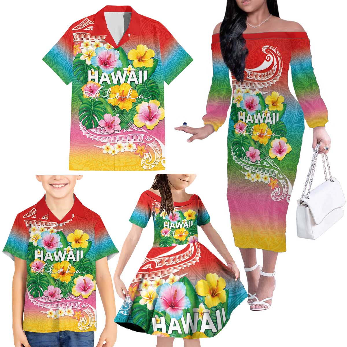 Hawaii Aloha Tropical Leaves and Flower Family Matching Off The Shoulder Long Sleeve Dress and Hawaiian Shirt with Polynesian Art Tattoo Rainbow Color LT03 - Polynesian Pride