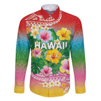 Hawaii Aloha Tropical Leaves and Flower Family Matching Off The Shoulder Long Sleeve Dress and Hawaiian Shirt with Polynesian Art Tattoo Rainbow Color - Polynesian Pride