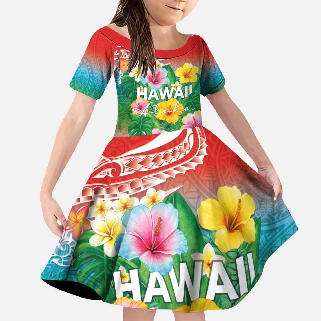 Hawaii Aloha Tropical Leaves and Flower Family Matching Off Shoulder Maxi Dress and Hawaiian Shirt with Polynesian Art Tattoo Rainbow Color - Polynesian Pride
