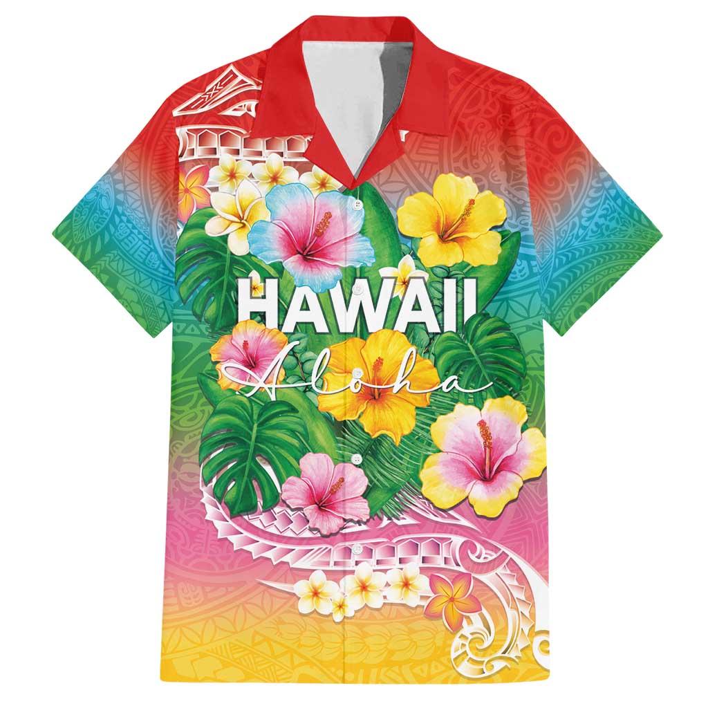 Hawaii Aloha Tropical Leaves and Flower Family Matching Off Shoulder Maxi Dress and Hawaiian Shirt with Polynesian Art Tattoo Rainbow Color - Polynesian Pride