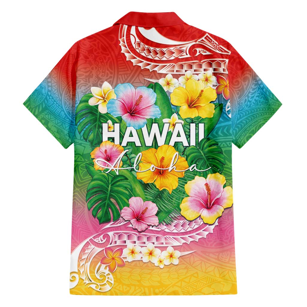 Hawaii Aloha Tropical Leaves and Flower Family Matching Off Shoulder Maxi Dress and Hawaiian Shirt with Polynesian Art Tattoo Rainbow Color - Polynesian Pride