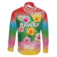 Hawaii Aloha Tropical Leaves and Flower Family Matching Off Shoulder Maxi Dress and Hawaiian Shirt with Polynesian Art Tattoo Rainbow Color - Polynesian Pride