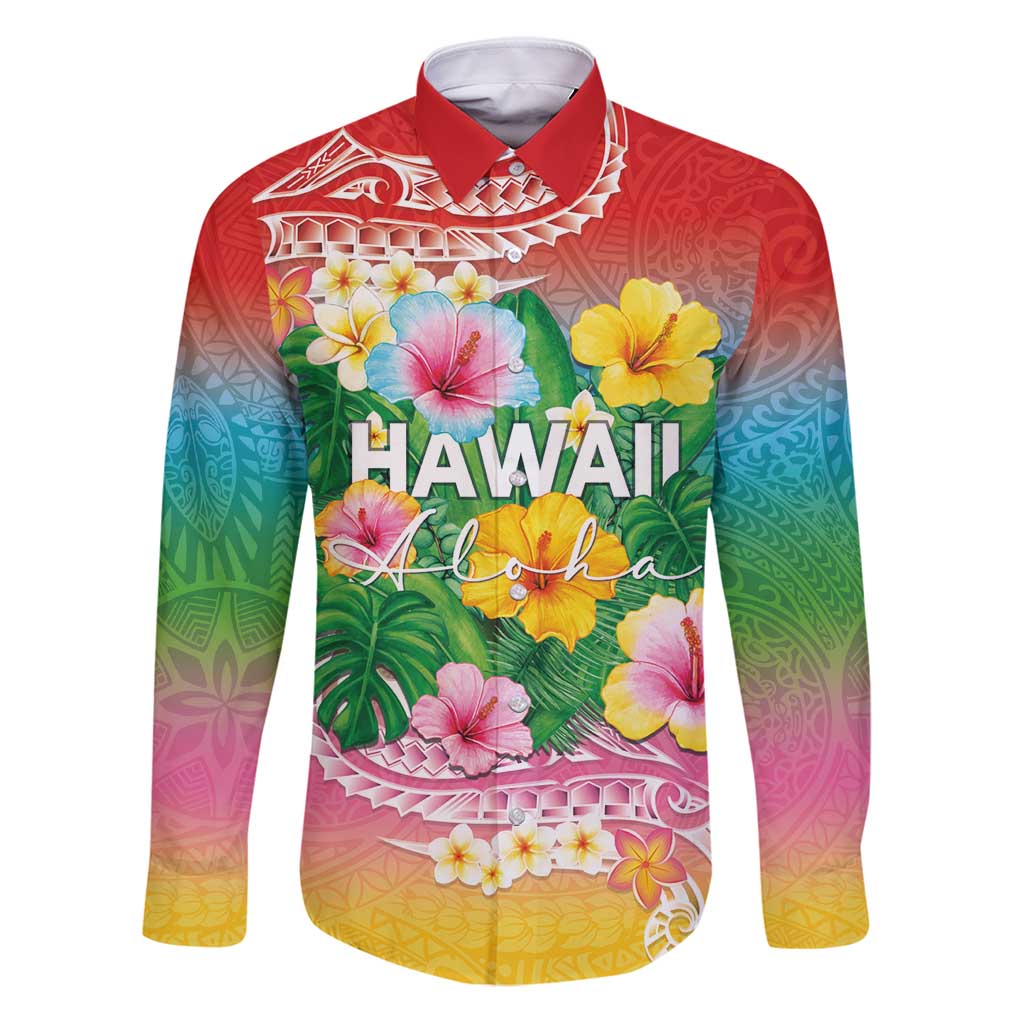 Hawaii Aloha Tropical Leaves and Flower Family Matching Puletasi and Hawaiian Shirt with Polynesian Art Tattoo Rainbow Color - Polynesian Pride