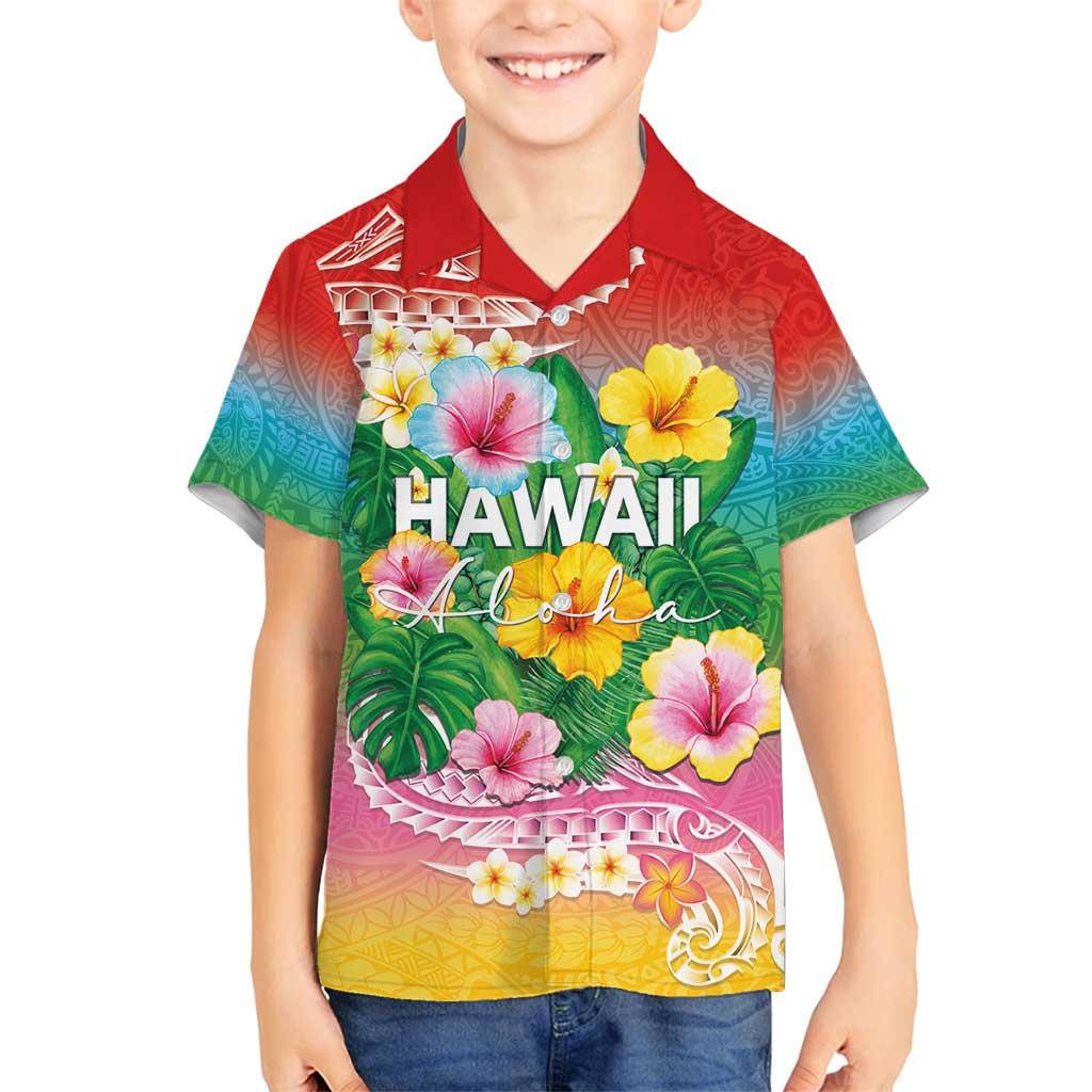 Hawaii Aloha Tropical Leaves and Flower Family Matching Puletasi and Hawaiian Shirt with Polynesian Art Tattoo Rainbow Color - Polynesian Pride