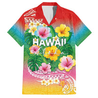 Hawaii Aloha Tropical Leaves and Flower Family Matching Short Sleeve Bodycon Dress and Hawaiian Shirt with Polynesian Art Tattoo Rainbow Color - Polynesian Pride