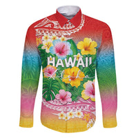 Hawaii Aloha Tropical Leaves and Flower Family Matching Short Sleeve Bodycon Dress and Hawaiian Shirt with Polynesian Art Tattoo Rainbow Color - Polynesian Pride