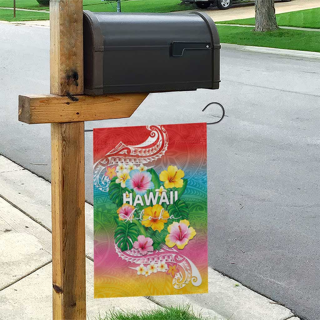 Hawaii Aloha Tropical Leaves and Flower Garden Flag with Polynesian Art Tattoo Rainbow Color - Polynesian Pride