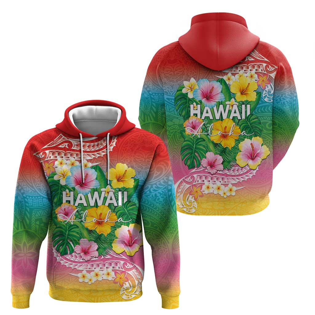Hawaii Aloha Tropical Leaves and Flower Hoodie with Polynesian Art Tattoo Rainbow Color - Polynesian Pride